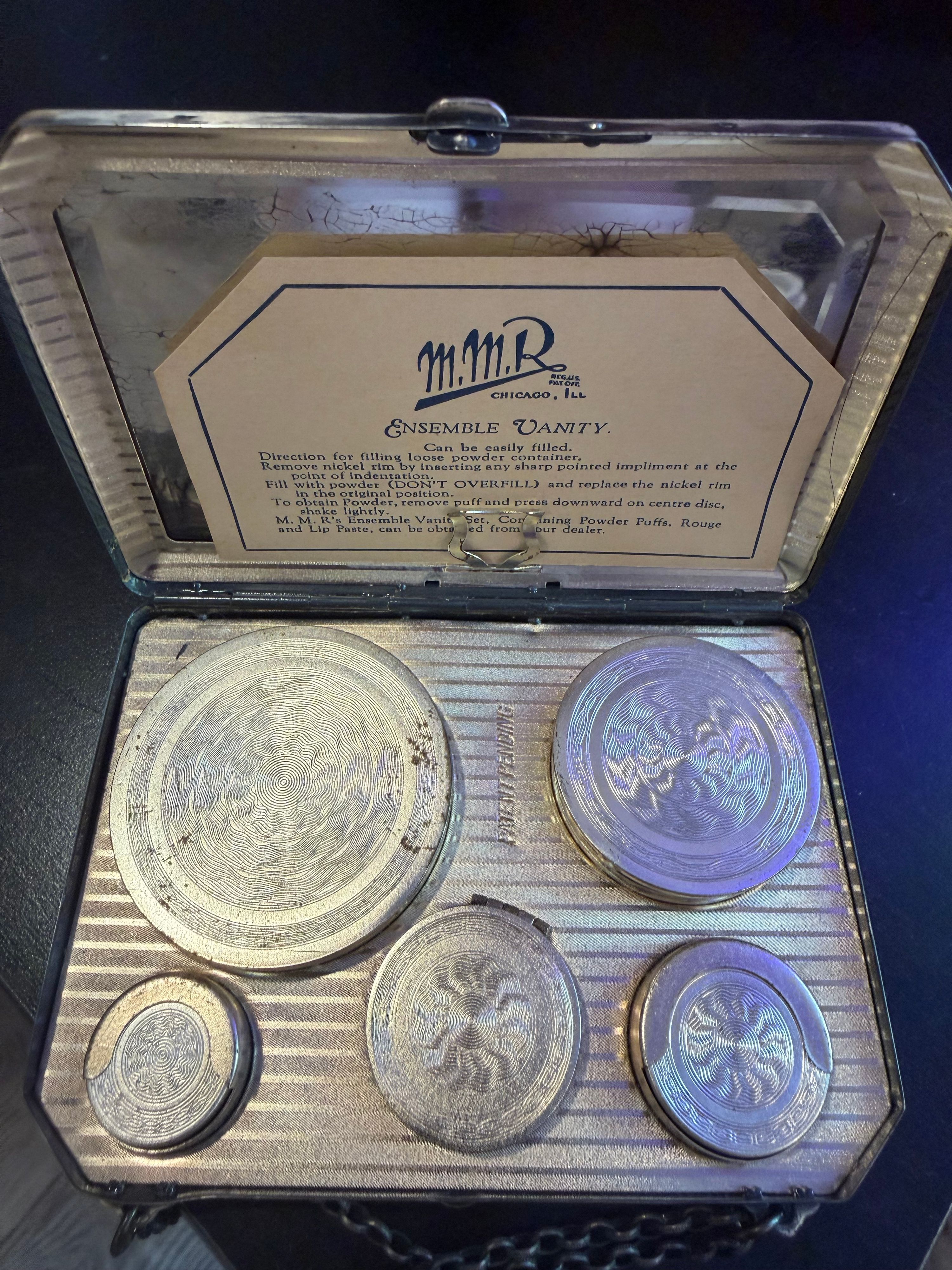 Vintage 1920’s M.M.R Silver Ensemble Vanity Like New With Original Tag